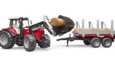 Traktor Massey Ferguson 7480 s nakladačem a valníkem na dřevo - Bruder 2046