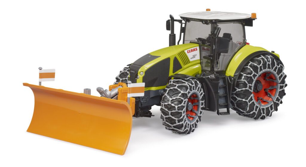 Traktor Claas Axion 950 se sněžnou radlicí a řetězy – Bruder 03018