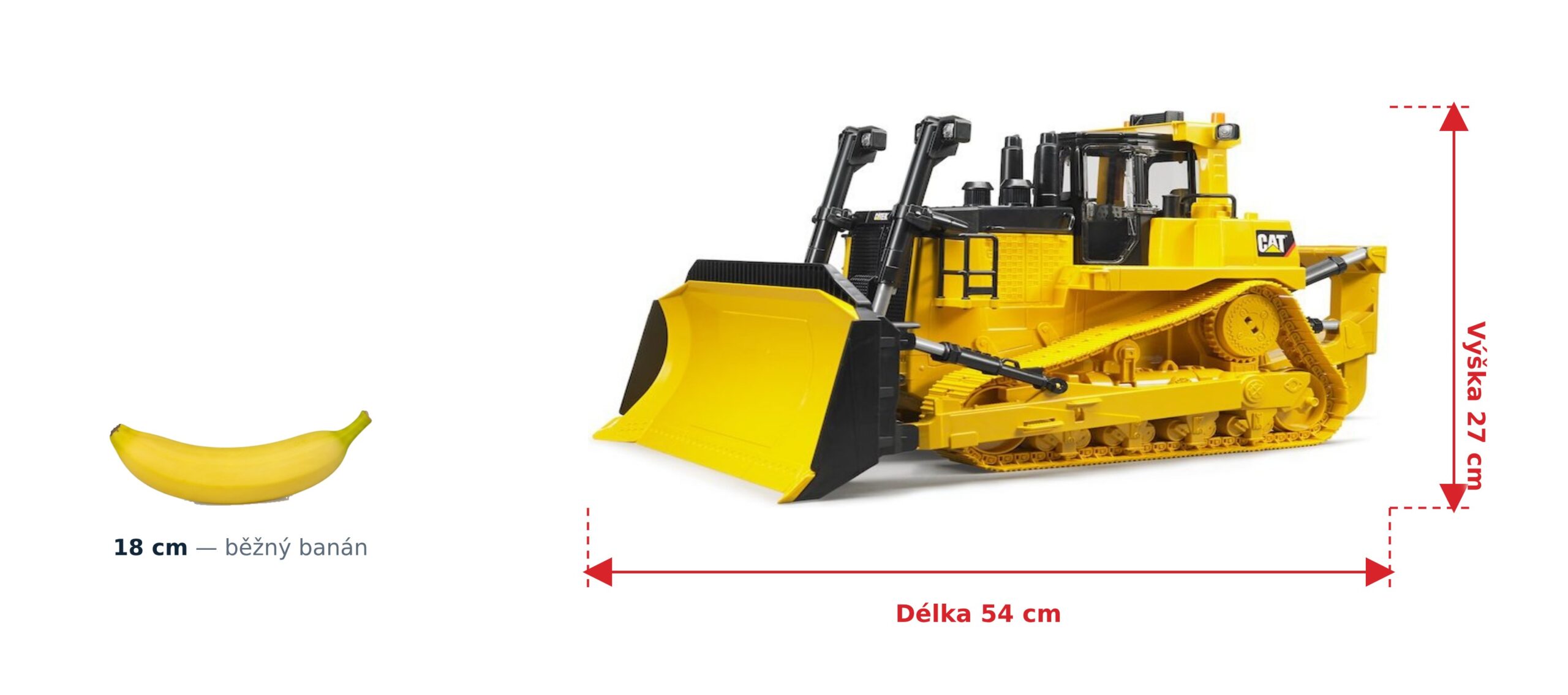 Velký buldozer CAT - Bruder 02452 2 Velký buldozer CAT - Bruder 02452 — skutečná velikost 54 × 28,5 × 27 cm, porovnání s banánem