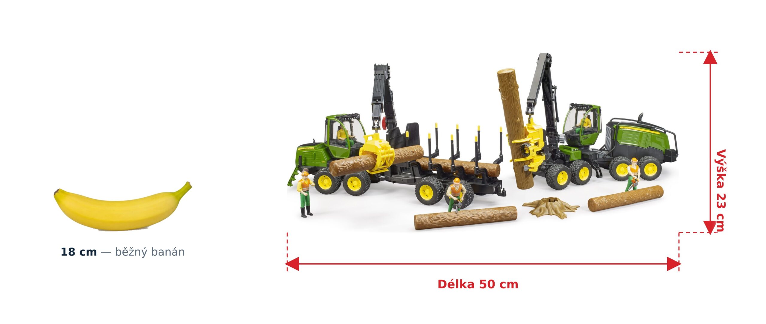 lesní Bruder Harvester John Deere 1270 G - Bruder 02135 2 lesní Bruder Harvester John Deere 1270 G - Bruder 02135 — skutečná velikost 50 × 17,3 × 23 cm, porovnání s banánem