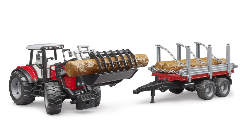 Traktor Massey Ferguson 7480 s nakladačem a valníkem na dřevo – Bruder 02046