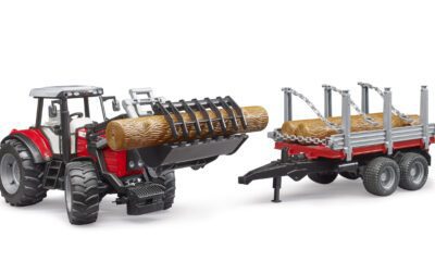 Traktor Massey Ferguson 7480 s nakladačem a valníkem na dřevo – Bruder 02046