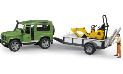 Land Rover s řidičem, přívěsem a minibagrem JCB - Bruder 2593