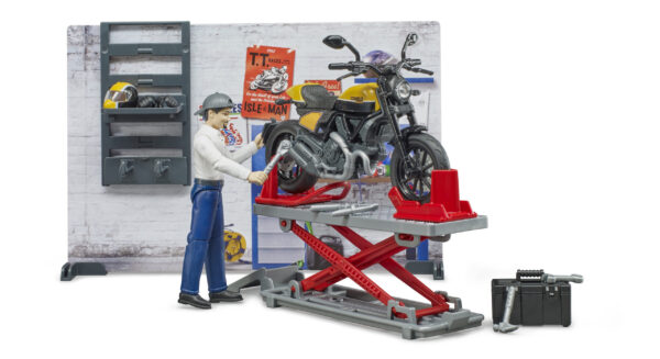 bworld Motodílna s mechanikem a motorkou Ducati Scrambler - Bruder 62102 - Obrázek 2