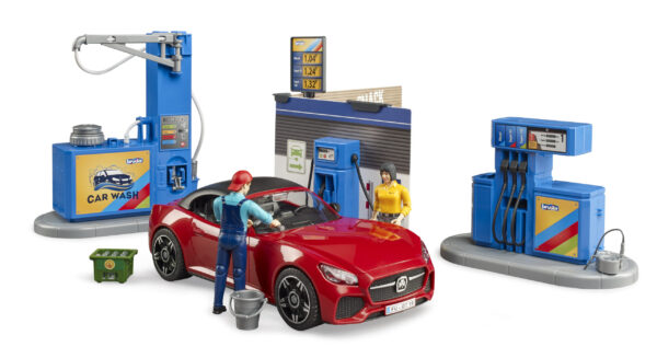 bworld Čerpací stanice s roadsterem, myčkou a figurkami - Bruder 62111 - Obrázek 3