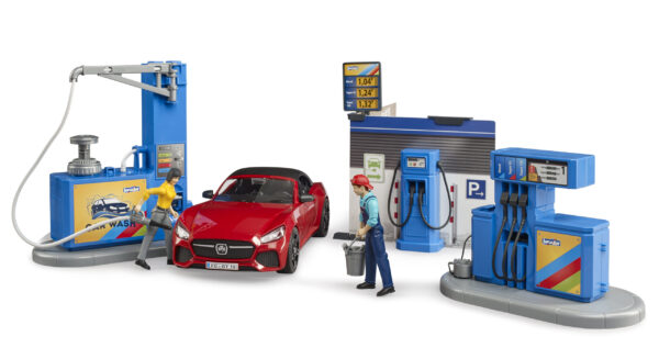 bworld Čerpací stanice s roadsterem, myčkou a figurkami - Bruder 62111 - Obrázek 5