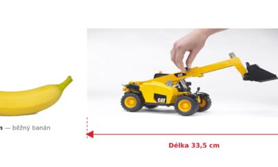 Teleskopický manipulátor CAT - Bruder 02141 — skutečná velikost 33,5 × 14,2 × 14 cm, porovnání s banánem