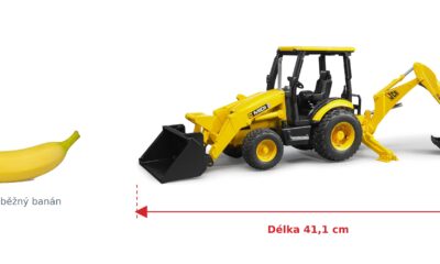 Nakladač s bagrem JCB MIDI CX - Bruder 02427 — skutečná velikost 41,1 × 12,2 × 16,8 cm, porovnání s banánem