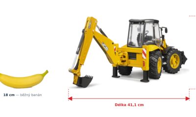Nakladač JCB 5CX - Bruder 02454 — skutečná velikost 41,1 × 17,2 × 25 cm, porovnání s banánem