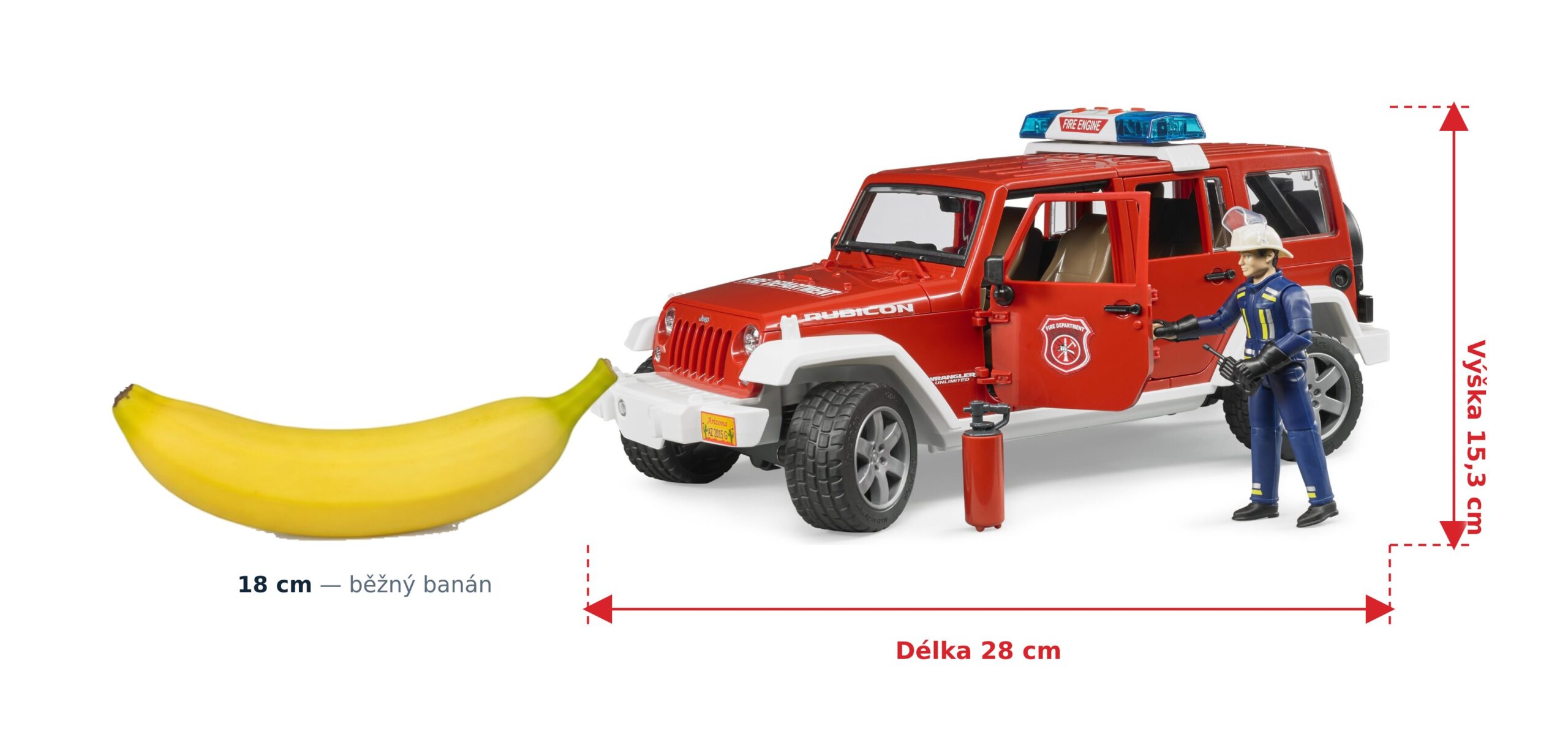Hasičské auto Jeep Wrangler s hasičem - Bruder 02528 2 Hasičské auto Jeep Wrangler s hasičem - Bruder 02528 — skutečná velikost 28 × 13,8 × 15,3 cm, porovnání s banánem