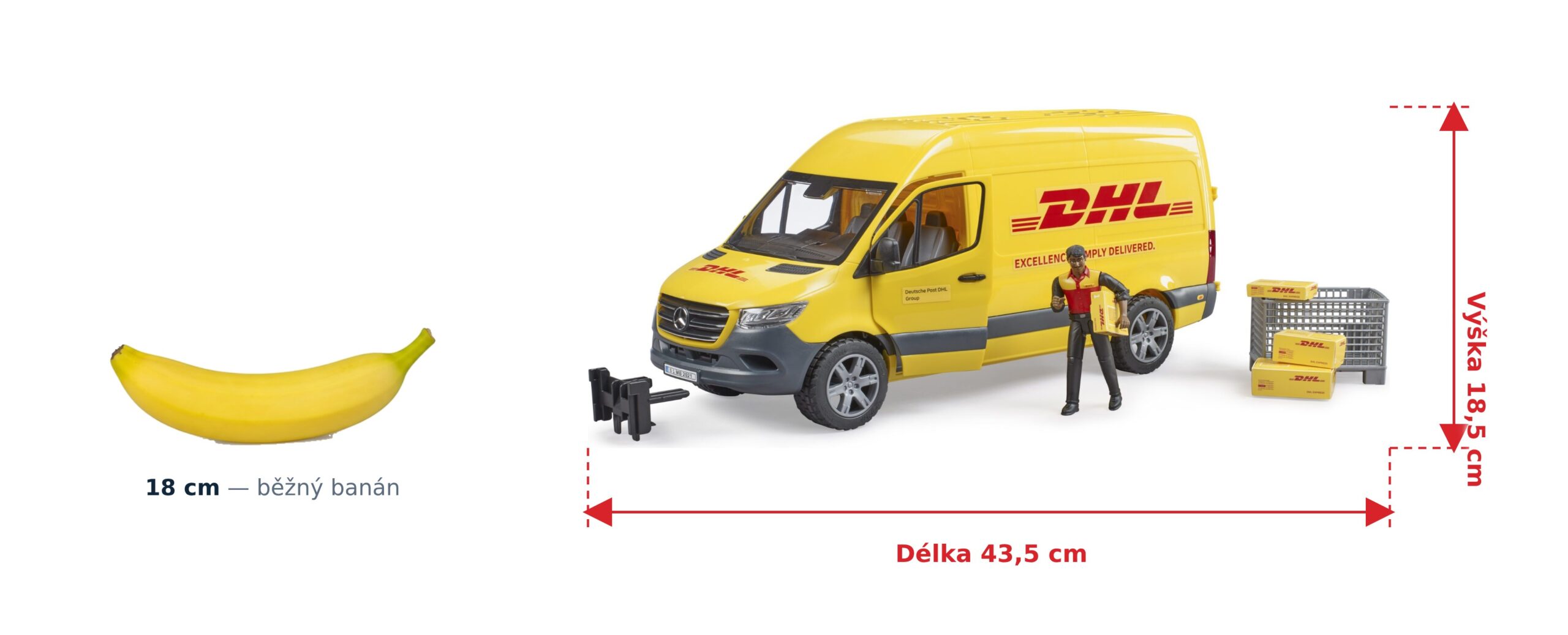 Nákladní auto DHL MB Sprinter - Bruder 02671 2 Nákladní auto DHL MB Sprinter - Bruder 02671 — skutečná velikost 43,5 × 16,3 × 18,5 cm, porovnání s banánem