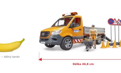 Silničáři MB Sprinter s figurkou a příslušenstvím - Bruder 02677 — skutečná velikost 40,8 × 18 × 18,8 cm, porovnání s banánem