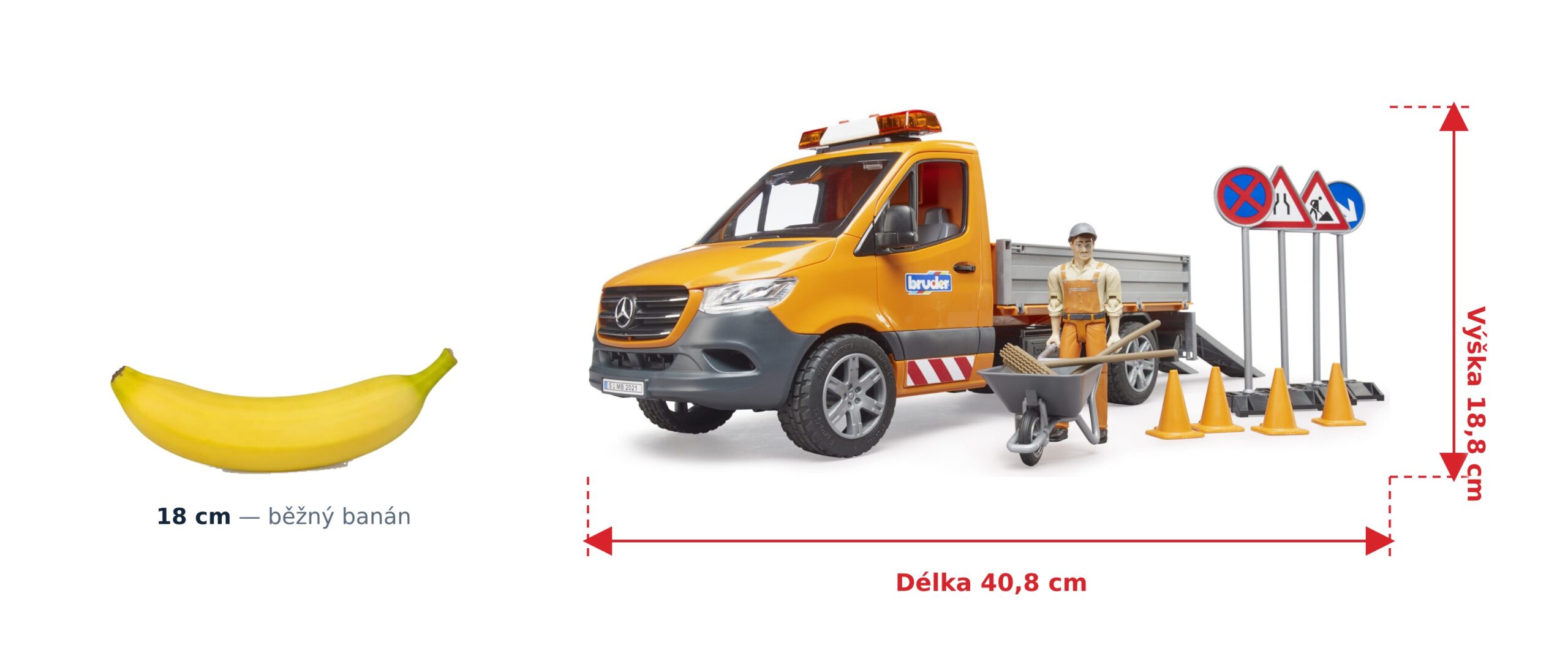 Silničáři MB Sprinter s figurkou a příslušenstvím - Bruder 02677 2 Silničáři MB Sprinter s figurkou a příslušenstvím - Bruder 02677 — skutečná velikost 40,8 × 18 × 18,8 cm, porovnání s banánem