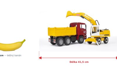 Sklápěčka MAN TGA s bagrem Liebherr - Bruder 02751 — skutečná velikost 41,5 × 17,5 × 21,5 cm, porovnání s banánem