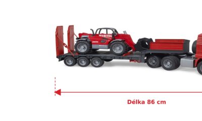 Tahač MAN TGA s nakladačem Manitou MLT 633 - Bruder 02774 — skutečná velikost 86 × 18 × 24 cm, porovnání s banánem
