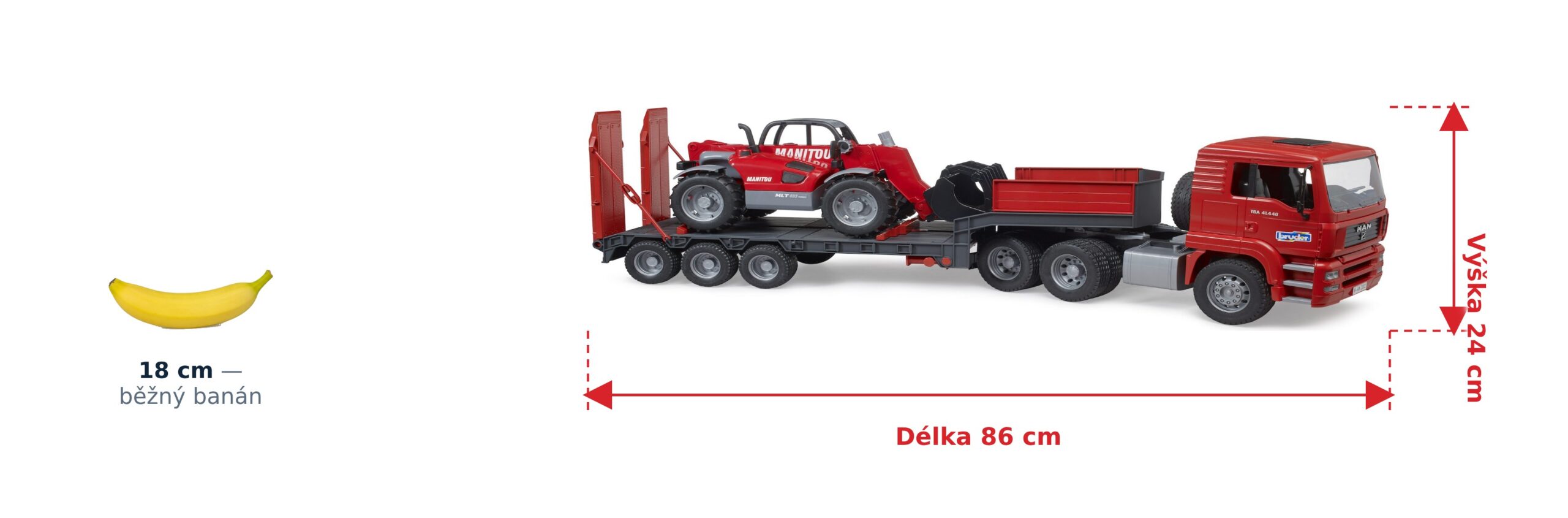 Tahač MAN TGA s nakladačem Manitou MLT 633 - Bruder 02774 2 Tahač MAN TGA s nakladačem Manitou MLT 633 - Bruder 02774 — skutečná velikost 86 × 18 × 24 cm, porovnání s banánem