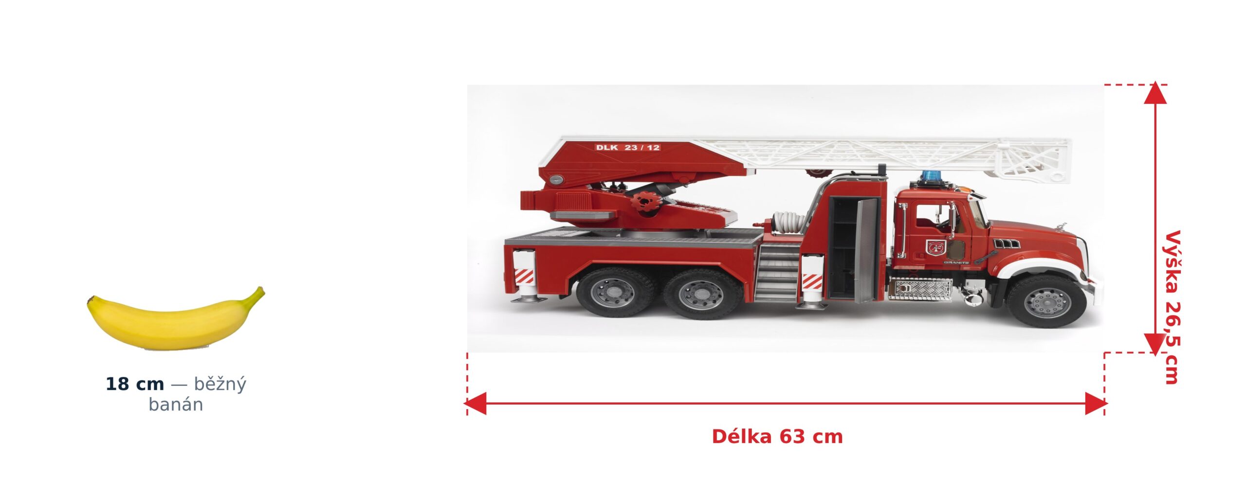 Hasičské auto MACK Granite - Bruder 02821 2 Hasičské auto MACK Granite - Bruder 02821 — skutečná velikost 63 × 20 × 26,5 cm, porovnání s banánem