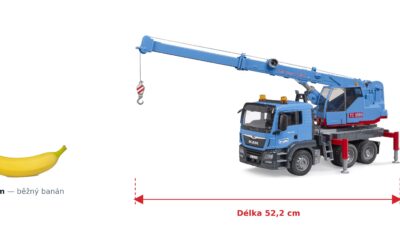Autojeřáb MAN TGS - Bruder 03771 — skutečná velikost 52,2 × 18 × 28,2 cm, porovnání s banánem