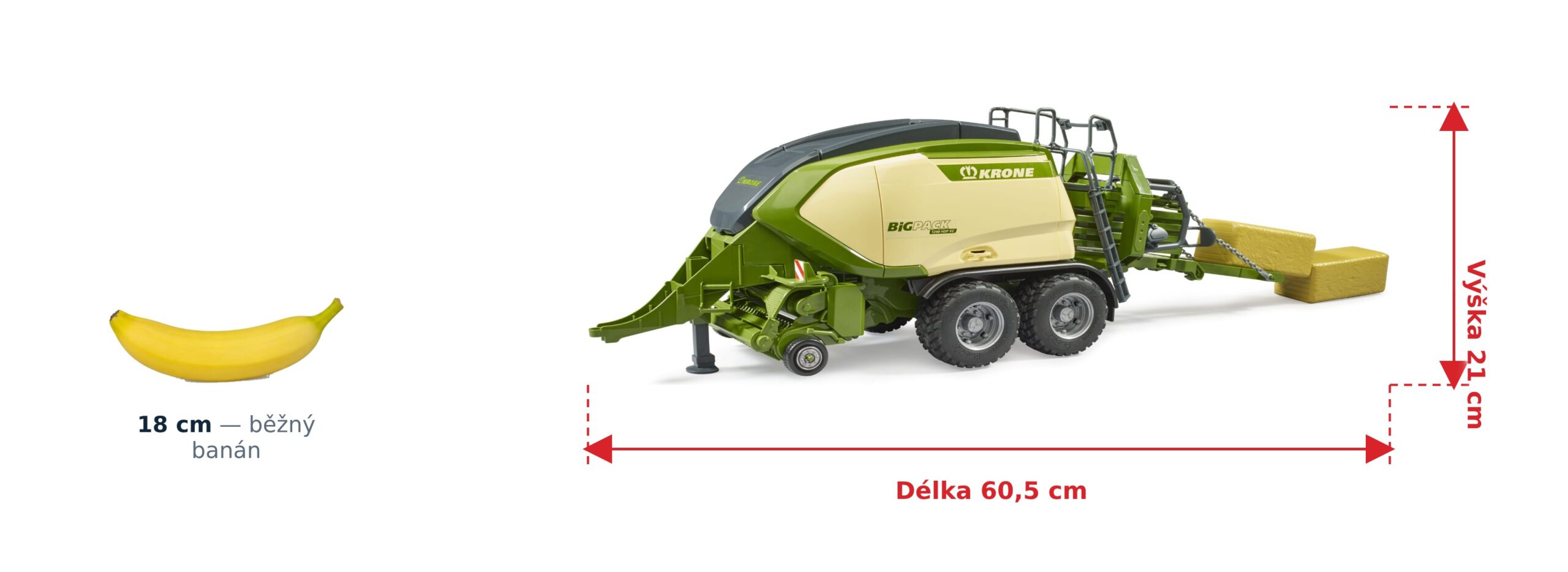 Krone BIG Pack balíkovač se 2 balíky - Bruder 02033 2 Krone BIG Pack balíkovač se 2 balíky - Bruder 02033 — skutečná velikost 60,5 × 18,5 × 21 cm, porovnání s banánem
