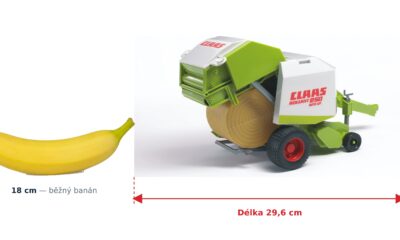 Claas Rollant 250 balíkovač - Bruder 02121 — skutečná velikost 29,6 × 15,5 × 15,5 cm, porovnání s banánem