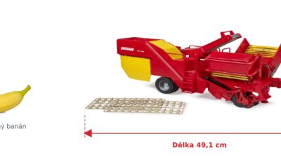 Bramborový kombajn Grimme SE 75-30 - Bruder 02130 — skutečná velikost 49,1 × 18 × 18,4 cm, porovnání s banánem