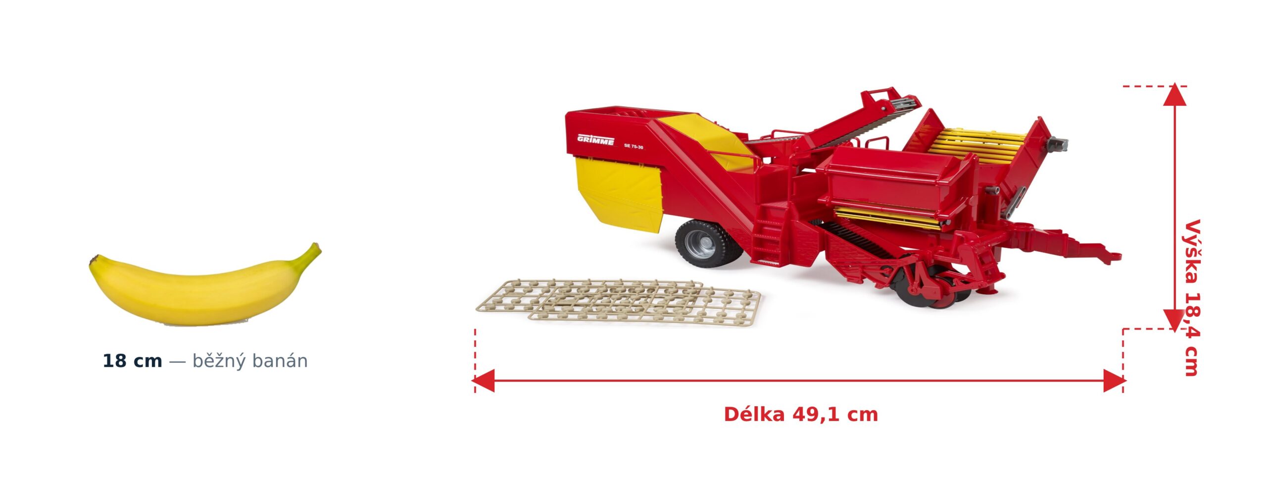 Bramborový kombajn Grimme SE 75-30 - Bruder 02130 2 Bramborový kombajn Grimme SE 75-30 - Bruder 02130 — skutečná velikost 49,1 × 18 × 18,4 cm, porovnání s banánem