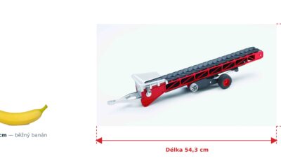 Pásový dopravník - Bruder 02031 — skutečná velikost 54,3 × 13,3 × 31 cm, porovnání s banánem