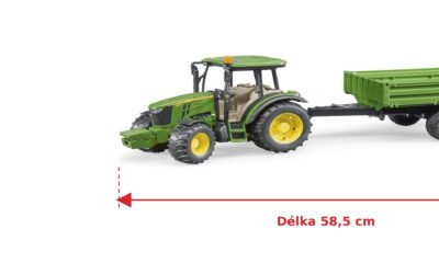 John Deere 5115 M se sklápěčkou - Bruder 02108 — skutečná velikost 58,5 × 14,8 × 16 cm, porovnání s banánem