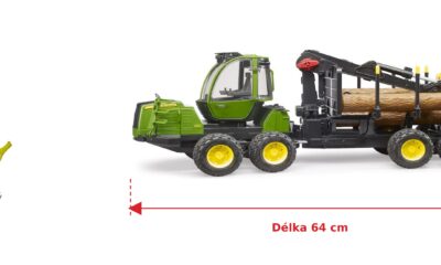 Lesnický traktor John Deere s přepravníkem dřeva - Bruder 02133 — skutečná velikost 64 × 16,4 × 22,5 cm, porovnání s banánem