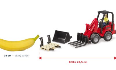 Nakladač Schäffer s řidičem a příslušenstvím - Bruder 02191 — skutečná velikost 29,5 × 9,6 × 15,7 cm, porovnání s banánem