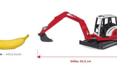 Bagr Schaeff HR16 - Bruder 02432 — skutečná velikost 35,5 × 10,2 × 16 cm, porovnání s banánem