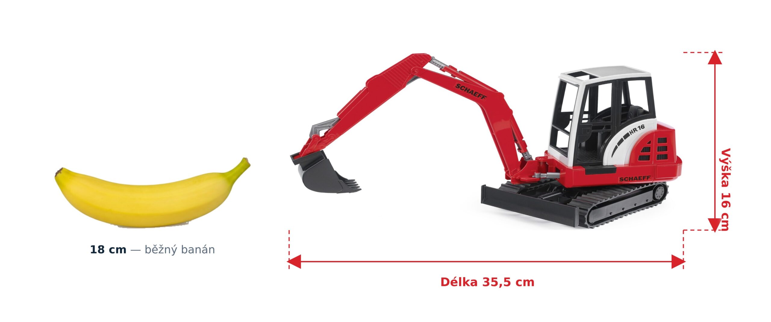 Bagr Schaeff HR16 - Bruder 02432 2 Bagr Schaeff HR16 - Bruder 02432 — skutečná velikost 35,5 × 10,2 × 16 cm, porovnání s banánem