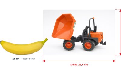 Minisklápěč AUSA - Bruder 02449 — skutečná velikost 26,6 × 12,4 × 17 cm, porovnání s banánem