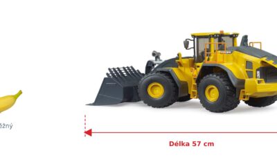 Volvo kolový nakladač L260H - Bruder 02458 — skutečná velikost 57 × 20 × 22,5 cm, porovnání s banánem