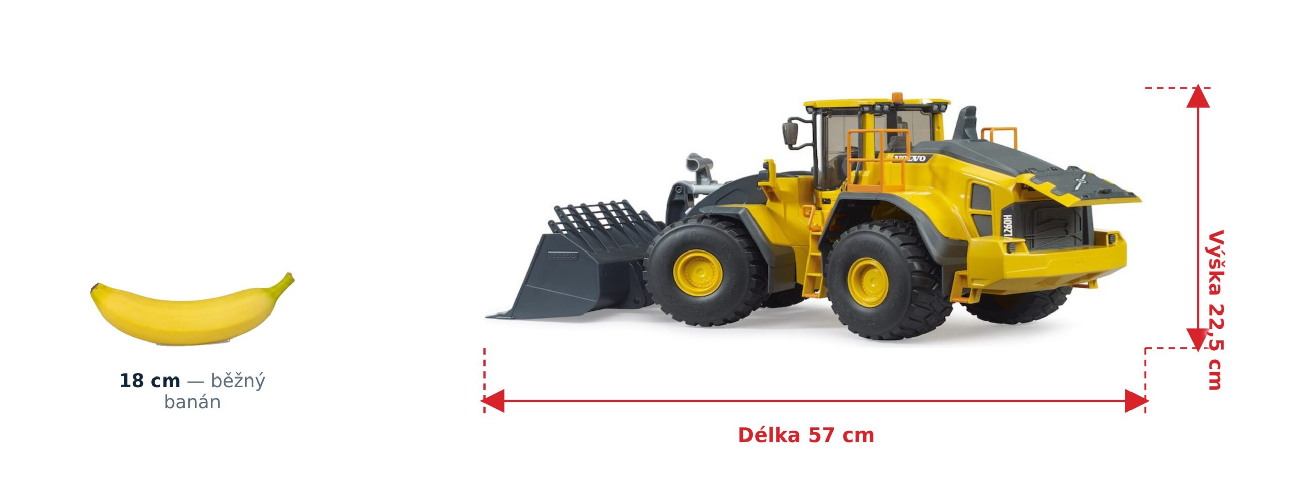Volvo kolový nakladač L260H - Bruder 02458 2 Volvo kolový nakladač L260H - Bruder 02458 — skutečná velikost 57 × 20 × 22,5 cm, porovnání s banánem