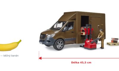 Nákladní auto UPS MB Sprinter - Bruder 02678 — skutečná velikost 45,5 × 17 × 22 cm, porovnání s banánem