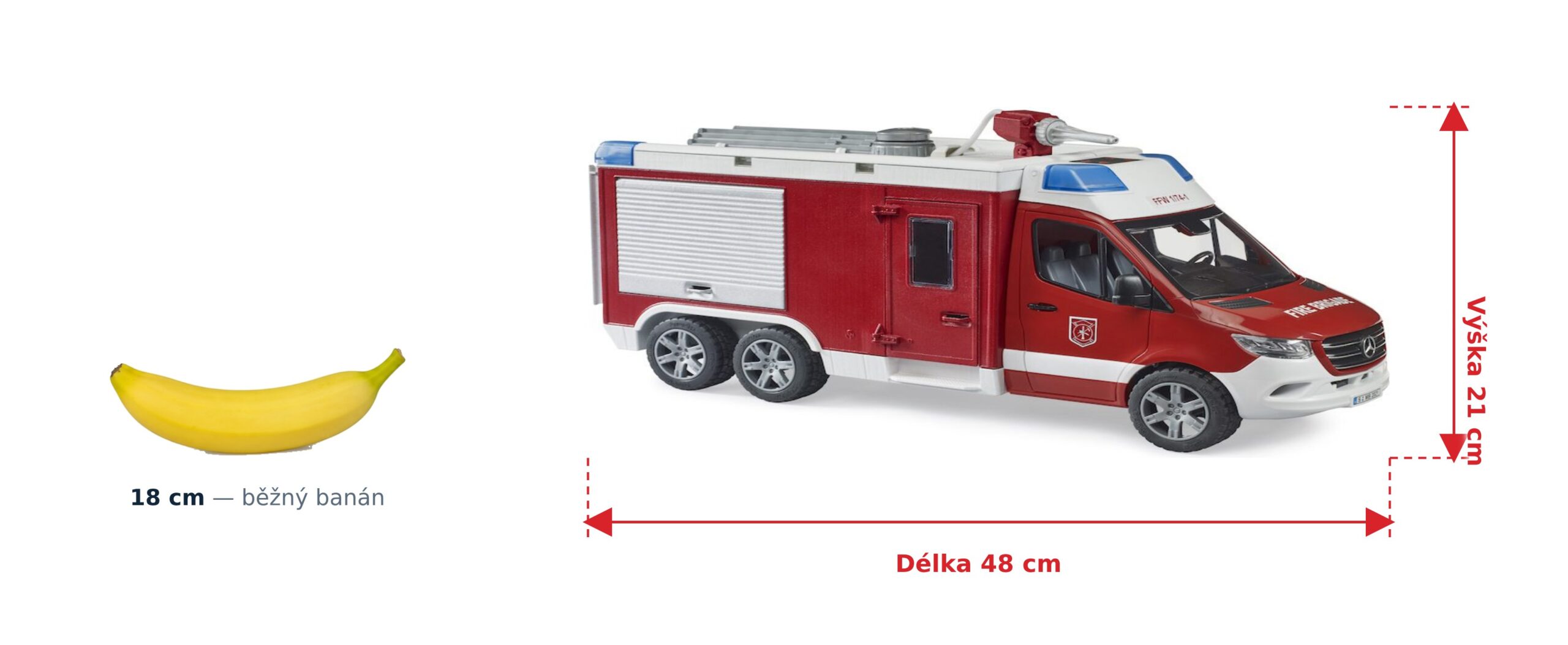 Hasičské auto MB Sprinter - Bruder 02680 2 Hasičské auto MB Sprinter - Bruder 02680 — skutečná velikost 48 × 16 × 21 cm, porovnání s banánem