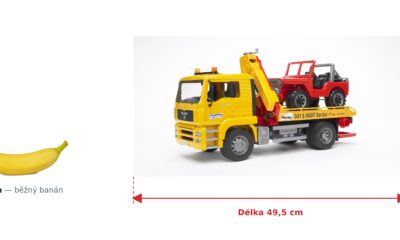 Odtahovka MAN TGA s Jeepem - Bruder 02750 — skutečná velikost 49,5 × 18,5 × 25,5 cm, porovnání s banánem