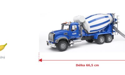 Míchačka MACK Granite - Bruder 02814 — skutečná velikost 66,5 × 18,5 × 27,5 cm, porovnání s banánem