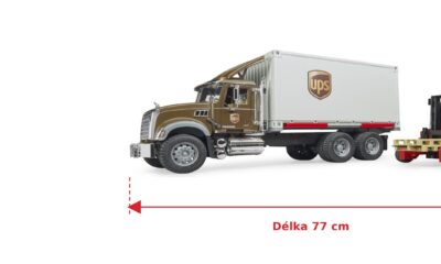 Nákladní auto UPS Mack Granite s vysokozdvižným vozíkem - Bruder 02828 — skutečná velikost 77 × 18,5 × 26,5 cm, porovnání s banánem