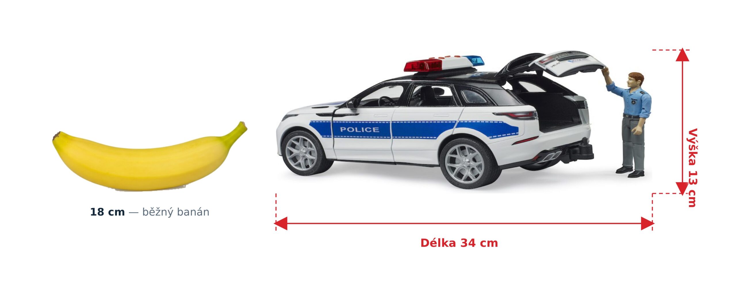 Policejní auto Range Rover Velar s policistou - Bruder 02890 2 Policejní auto Range Rover Velar s policistou - Bruder 02890 — skutečná velikost 34 × 14,3 × 13 cm, porovnání s banánem