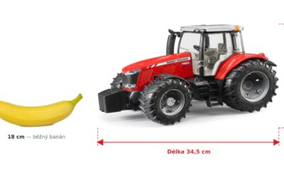 Traktor Massey Ferguson 7624 - Bruder 03046 — skutečná velikost 34,5 × 17,5 × 19,8 cm, porovnání s banánem