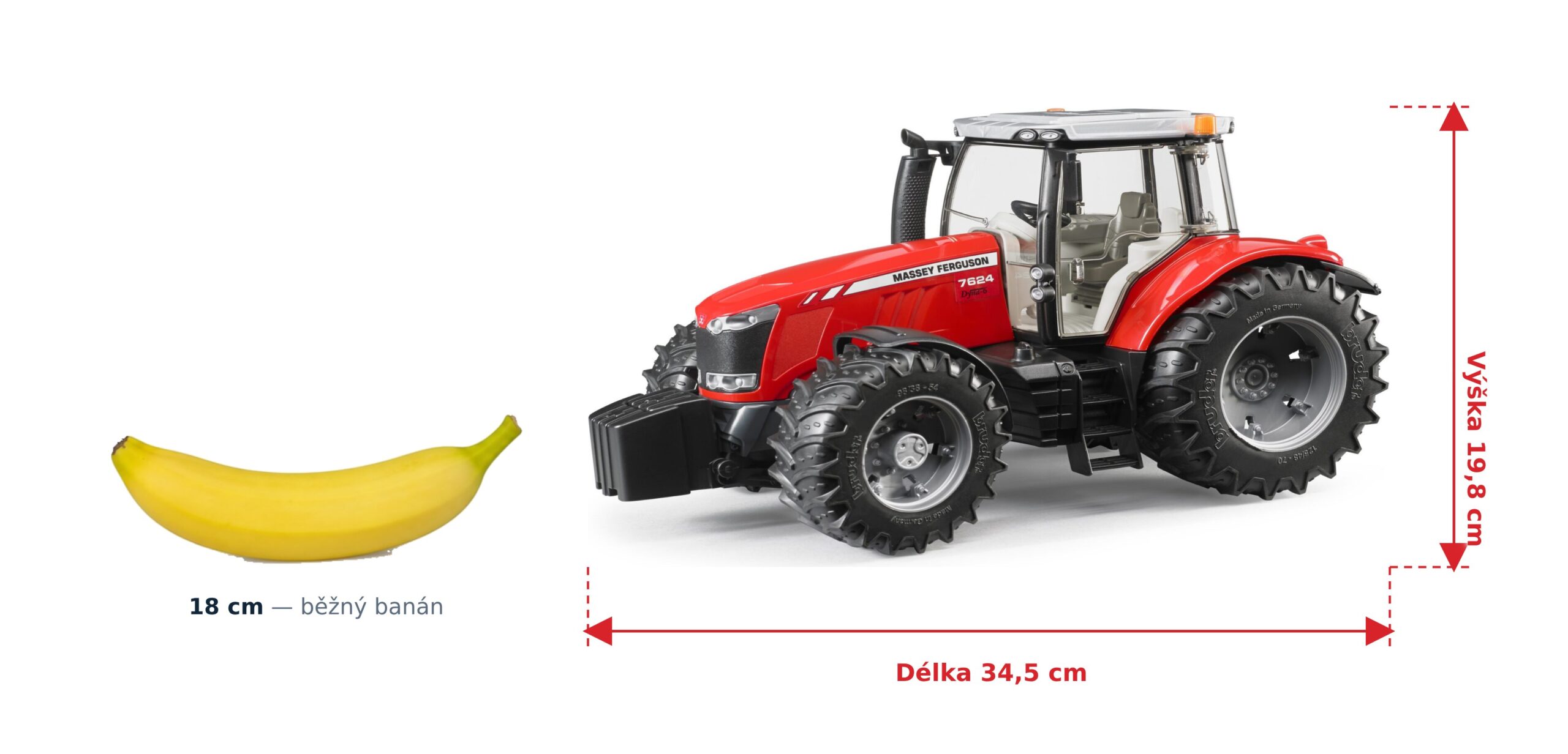 Traktor Massey Ferguson 7624 - Bruder 03046 2 Traktor Massey Ferguson 7624 - Bruder 03046 — skutečná velikost 34,5 × 17,5 × 19,8 cm, porovnání s banánem