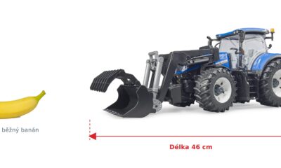 Traktor New Holland s nakladačem - Bruder 03121 — skutečná velikost 46 × 17,5 × 20,5 cm, porovnání s banánem