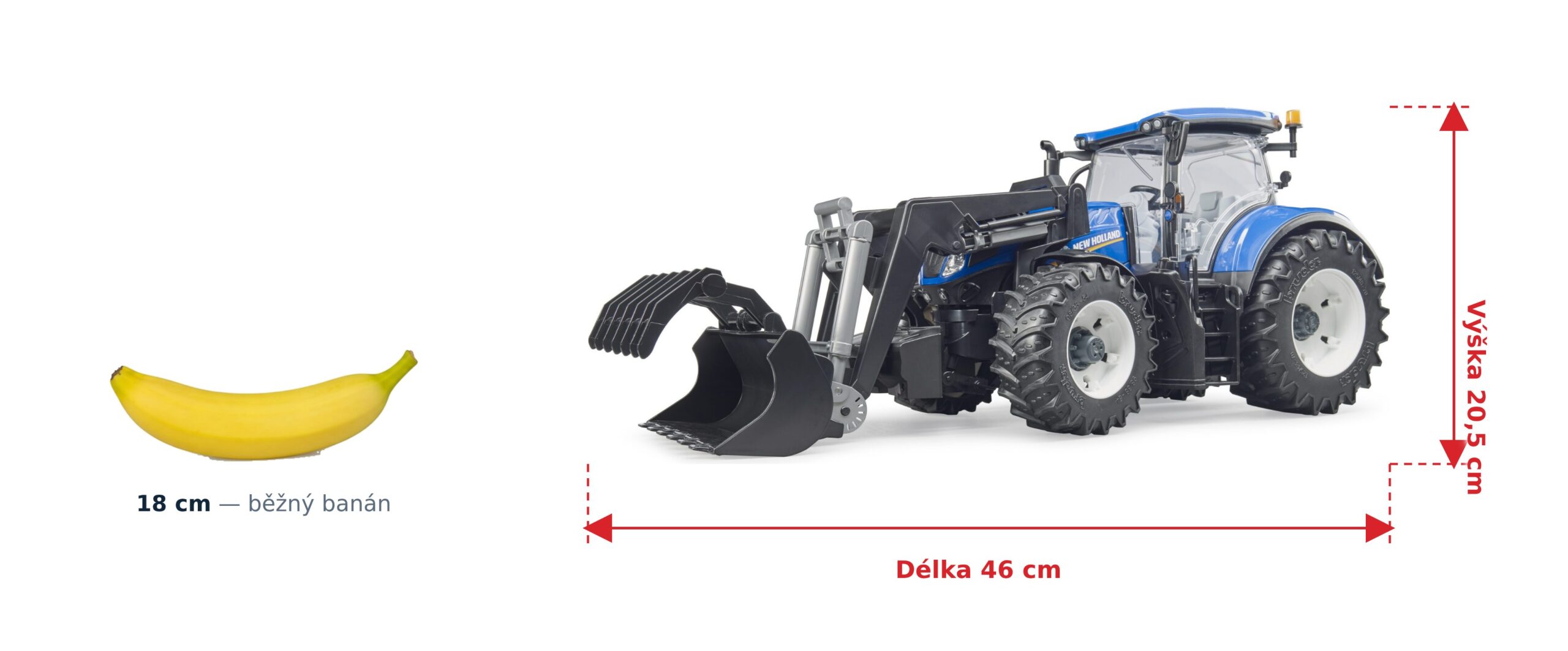 Traktor New Holland s nakladačem - Bruder 03121 2 Traktor New Holland s nakladačem - Bruder 03121 — skutečná velikost 46 × 17,5 × 20,5 cm, porovnání s banánem
