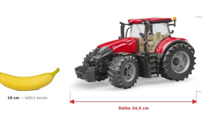 Traktor Case IH Optum - Bruder 03190 — skutečná velikost 34,5 × 18 × 20,5 cm, porovnání s banánem