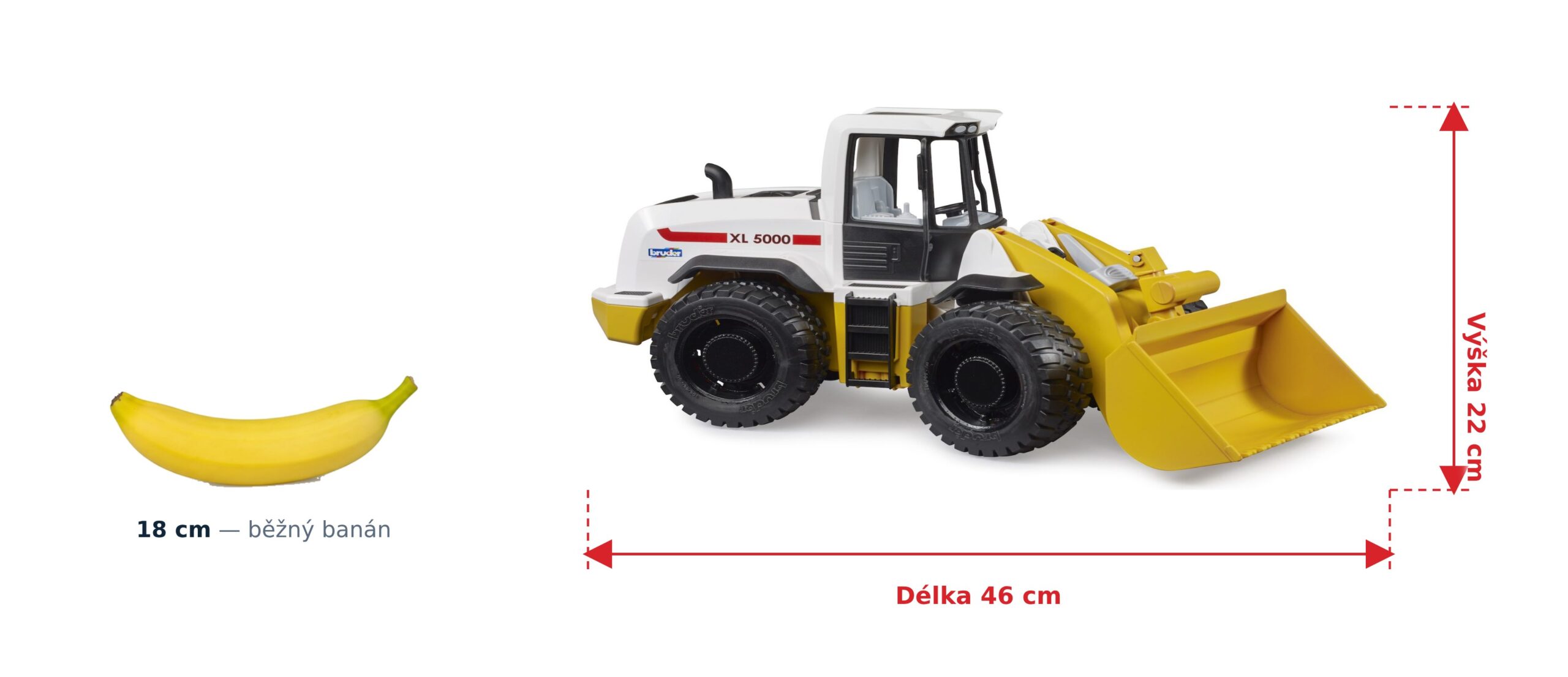 Kolový nakladač XL 5000 - Bruder 03412 2 Kolový nakladač XL 5000 - Bruder 03412 — skutečná velikost 46 × 17,5 × 22 cm, porovnání s banánem