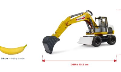 Kolový bagr XE 5000 - Bruder 03413 — skutečná velikost 45,5 × 18 × 28 cm, porovnání s banánem