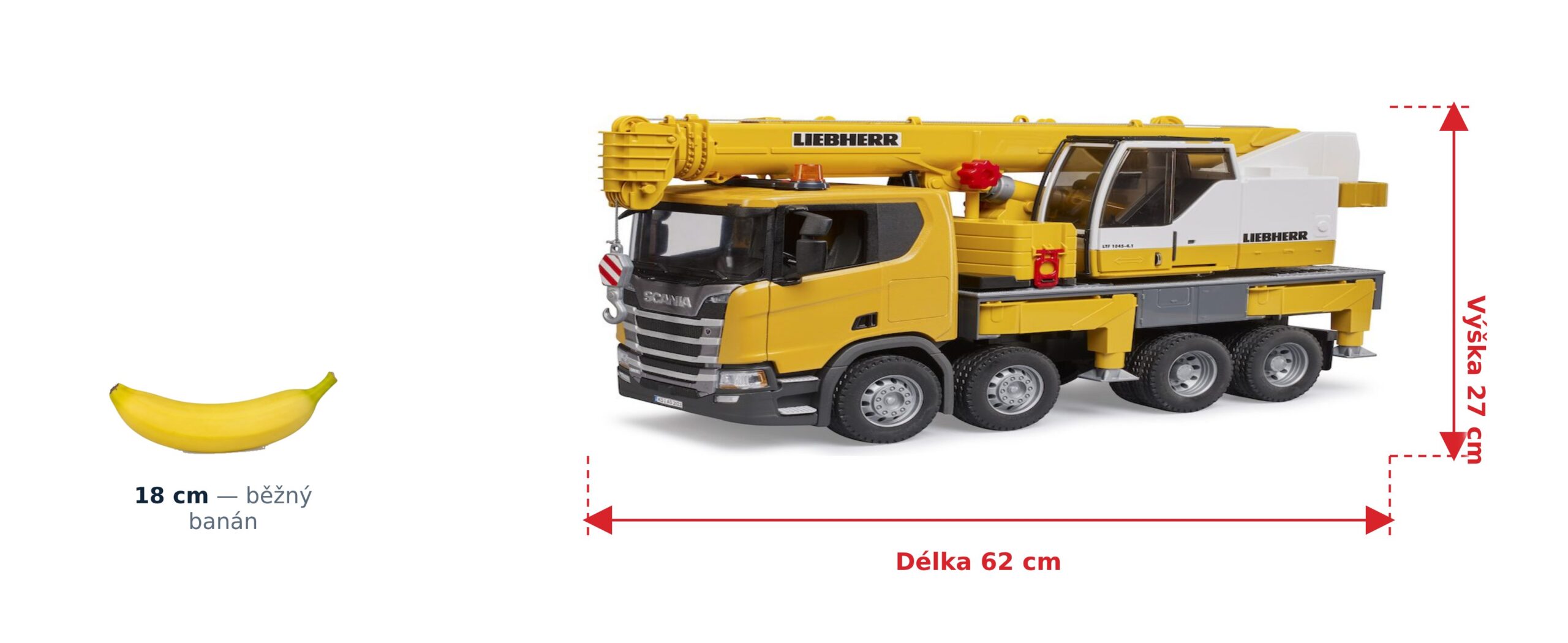 Nákladní auto Scania Super 560R s jeřábem Liebherr - Bruder 03571 2 Nákladní auto Scania Super 560R s jeřábem Liebherr - Bruder 03571 — skutečná velikost 62 × 18,5 × 27 cm, porovnání s banánem
