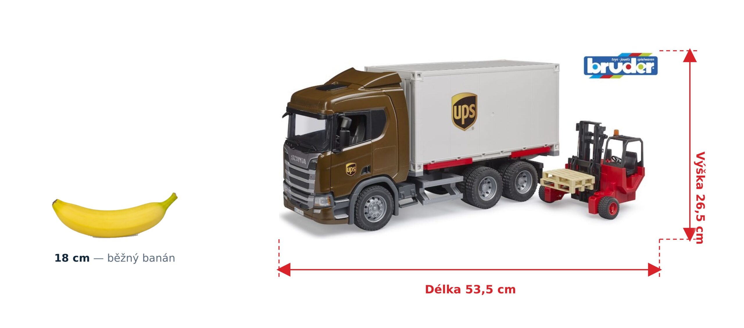 Nákladní auto UPS Scania Super 560R - Bruder 03582 2 Nákladní auto UPS Scania Super 560R - Bruder 03582 — skutečná velikost 53,5 × 18,5 × 26,5 cm, porovnání s banánem